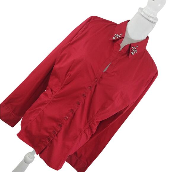 NEW YORK & CO.! ROUGE RED COTTON BLEND JEWELED COLLAR BUTTON FRONT BLOUSE! SZ XL - Picture 10 of 10